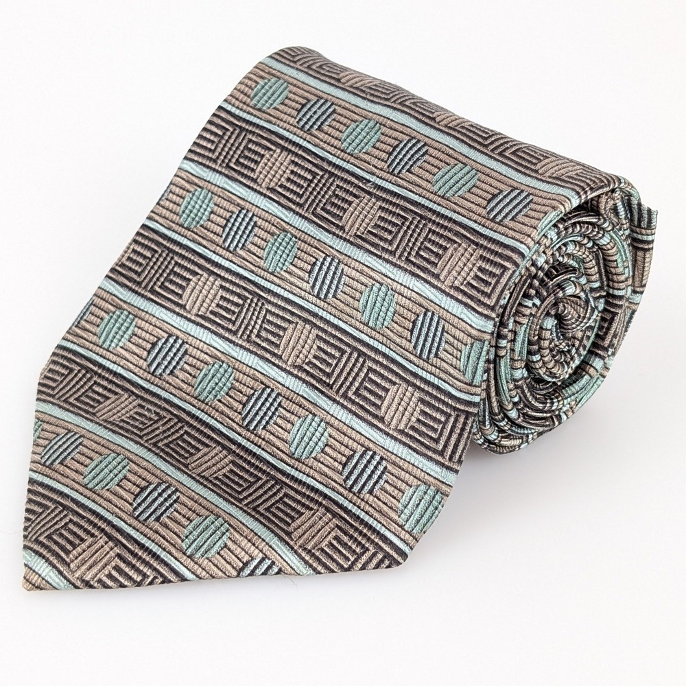 Enro‎ Geometric Polka Dot 100% Silk Wide Neck Tie Size 4 x 57 Blue Brown Striped